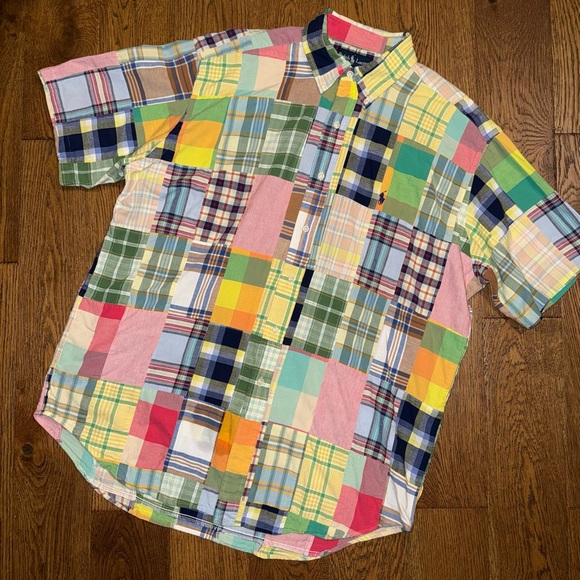 Polo Ralph Lauren Vintage Madras Patchwork Plaid Short Sleeve Shirt Men’s Large - Picture 4 of 9